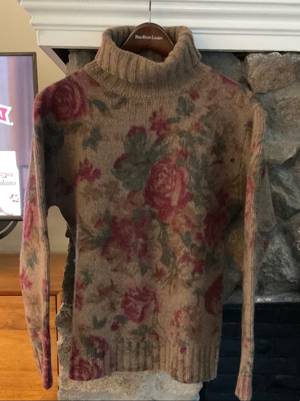 Vintage Ralph Lauren Wool Cabbage Rose Floral Turtleneck Sweater Knit size Small